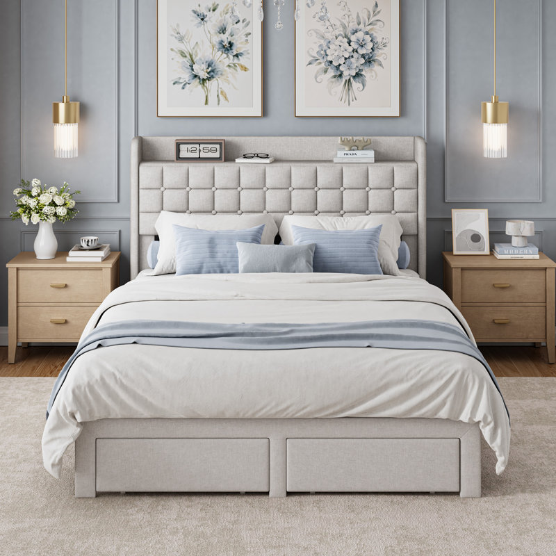 Structure de lit tapissier en lin avec 2 tiroirs de pied de lit et plateforme de rangement, Beige, Double