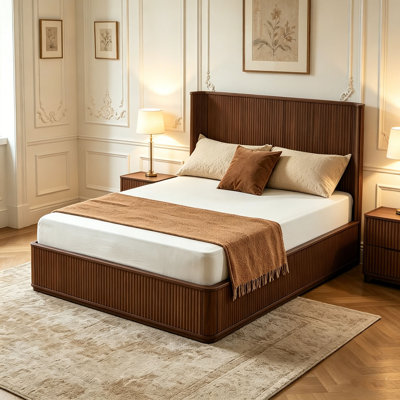 Queen Size Bed Frame, Walnut Corrugated Wave Wood Headboard Platform Bed frame, 44" Tall Headboard , Modern Minimalist, Easy Assembly, No Box Spring Required