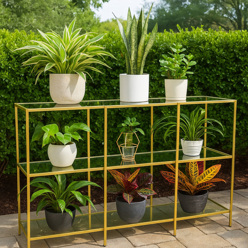 Support pour plante Woly, 2 tablettes en verre, métal industriel de 59 pouces, Or / transparent