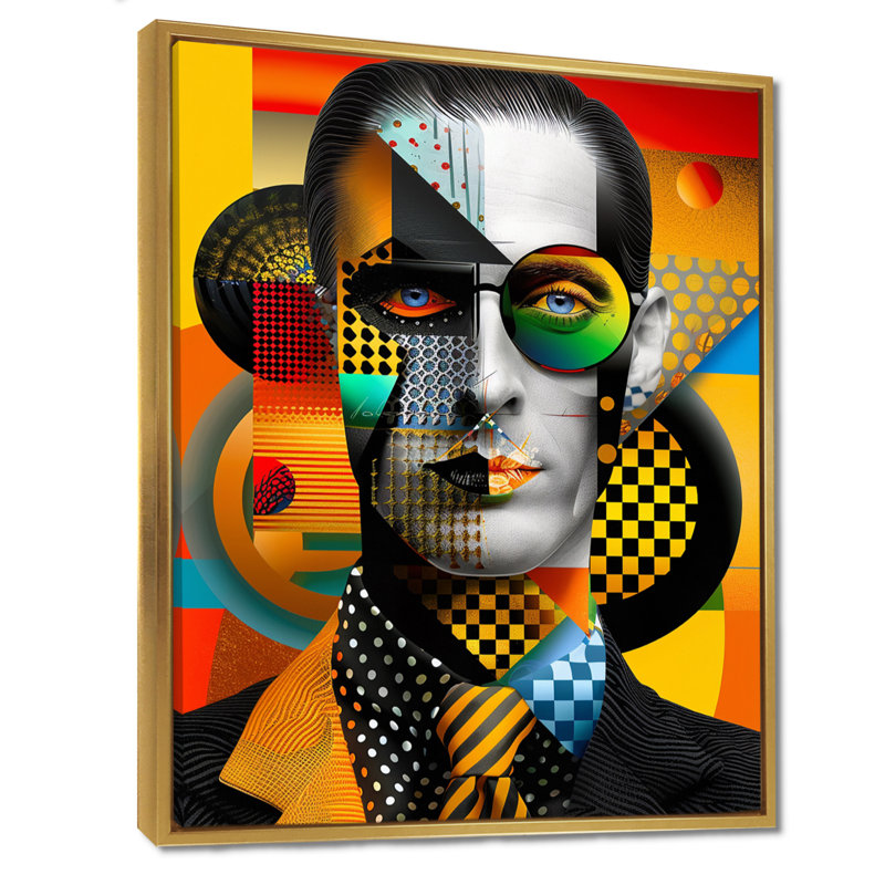 90's Retro Geometric personnage - Abstract Portraits, reproduction d'art mural, Toile avec cadre flottant or