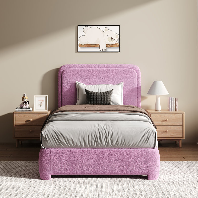 Lit plateforme tapissier Bensu Boucle, Lit simple, Rose