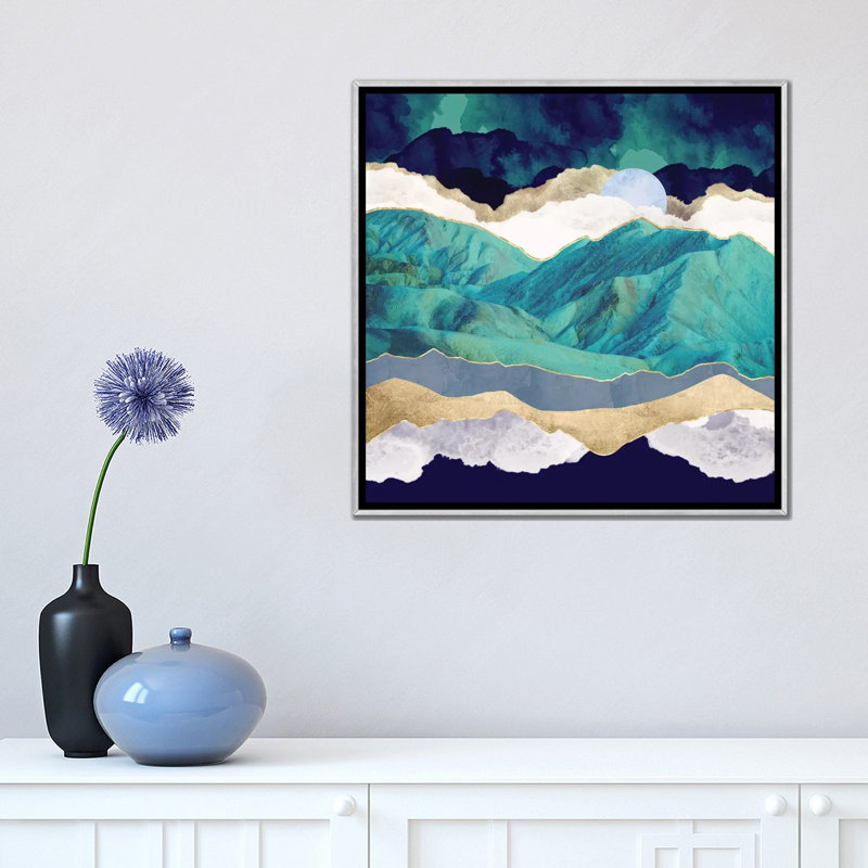 Montagnes bleu sarcelle - impression d'art graphique, Pas de tapis, H 18 po x l 18 po x 1,5 po, Toile avec cadre argenté