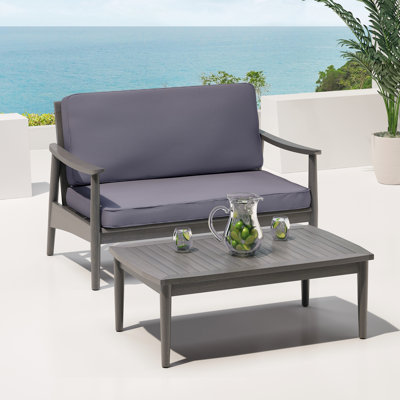 Moderne et table basse, bois, conception à lattes, coussins d'eau, gris foncé, table assortie en bois pour porches, motif contemporain, gris