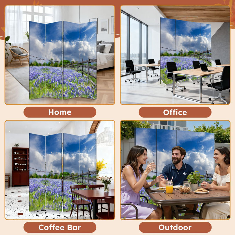 Cloison pliante 4 panneaux paravents Royal Cloud Texas Bluebonnets, 4, H 71 po x l 64 po x P 1 po