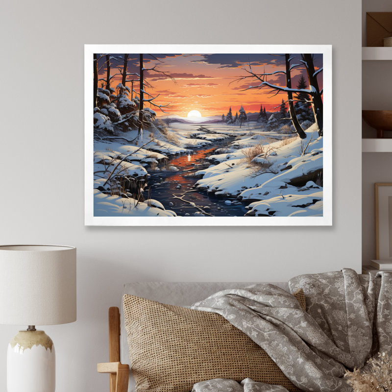 Paysage d'hiver rivière - impressions d'art mural, H 34 po x l 44 po, Encadrement doré
