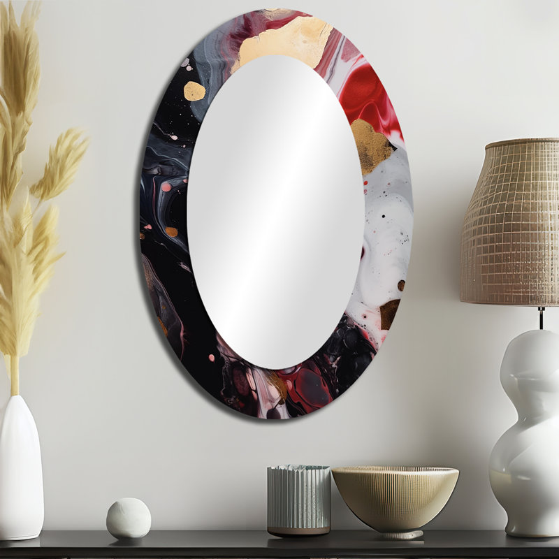 Infusion de marbre rouge et noir - Miroir décoratif abstrait ovale sur métal, 36 po x 24 po
