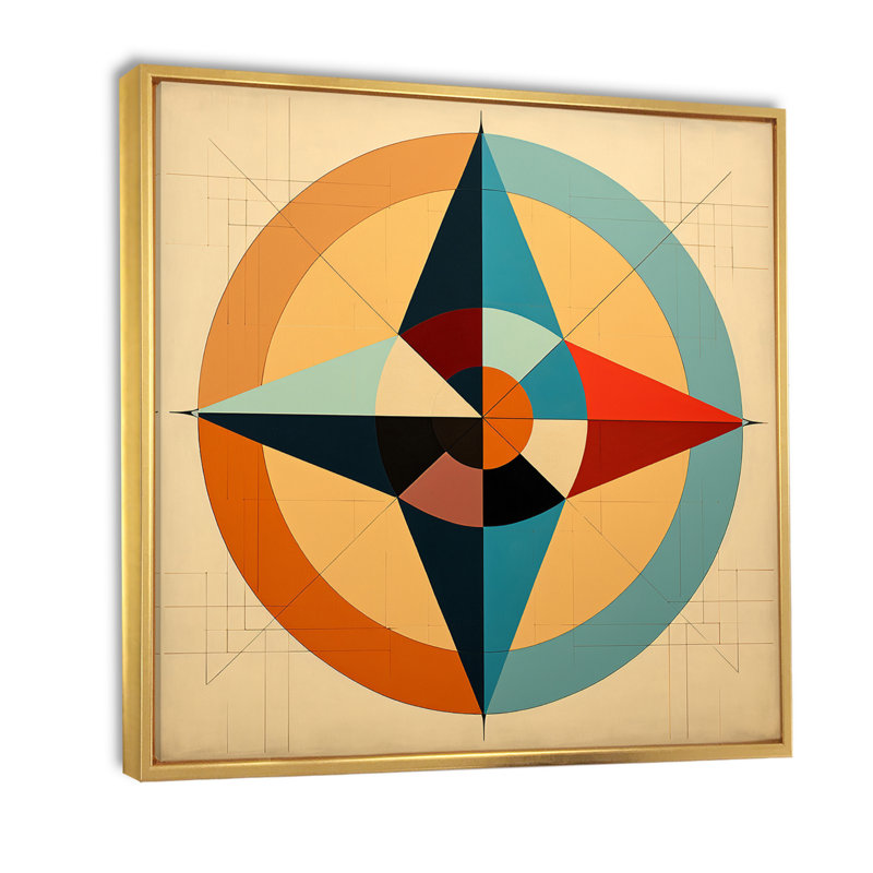 «Midcentury Compass», abstrait géométrique rétro sur toile, H 16 po x l 16 po x P 1 po, Cadre flottant doré