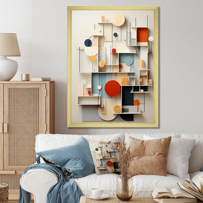 Abstrait géométrique blanc et bleu - Formes essentielles abstraites, Cadre doré simple, H 44 po x l 34 po x P 1,5 po
