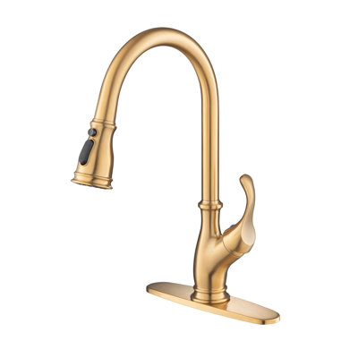 Single Hole Kitchen Faucet With Pull Down Sprayer 1 Handle Kitchen Sink Faucet Brushed Gold Solid Brass Kitchen Basin Tap With Deck Plate -  KIKO HOME, KK-AL-0052-BG