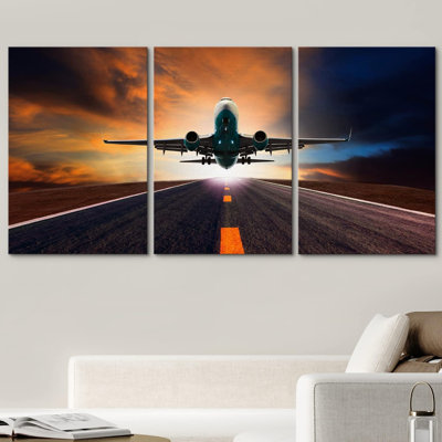 Industrial Machinery " Jet Plane Flying over Runway at Sunset " 3 Piece Art Color Photography Print