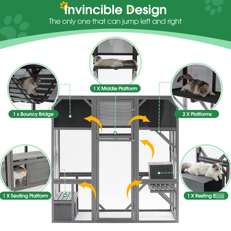 Chenil pour chat avec draps pare-soleil - grand pont extérieur gris, plateforme et abat-jour gris foncé