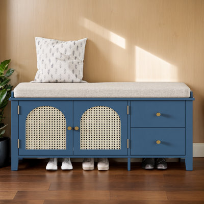 43.5"W Shoe Storage Bench, Shoe Storge With 2 Drawers And 2 Rattan Door