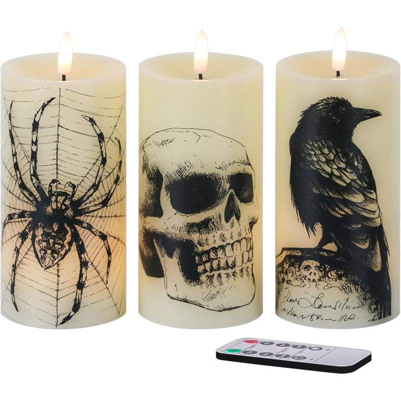 Halloween Flameless Pillar Candles - Remote Timer, Skull/Spider Web/Crow Decals, Set of 3, Battery-Operated LED Real Wax