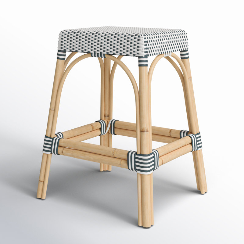 Robias Rattan Bar & Counter Stool, White/Navy Dot/ Natural Rattan Frame, Counter Stool (24.5" Seat Height)
