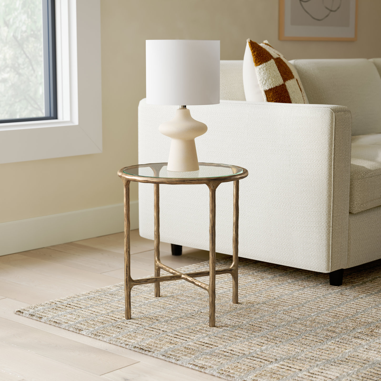 Evelynn Glass Cross Legs End Table, Brass, Clear