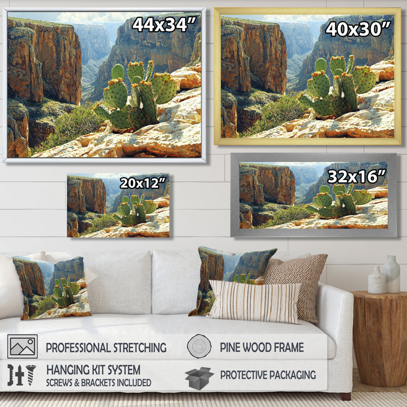 Marithza Arizona Cactus At The Canyons Edge I - art mural cactus, Brun, H 12 po x l 20 po, Cadre flottant