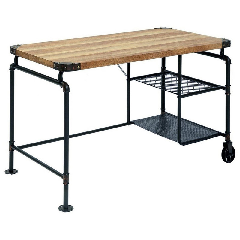 Bureau 47 po, roulette industrielle, métal noir, bois brun