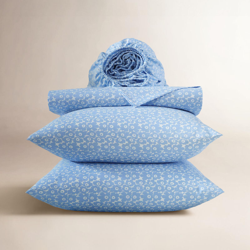 Marimekko Cotton Percale Lightweight Printed Sheet Set, Full Sheet Set with 2 Standard Pillowcases, Pikkuinen Unikko Blue