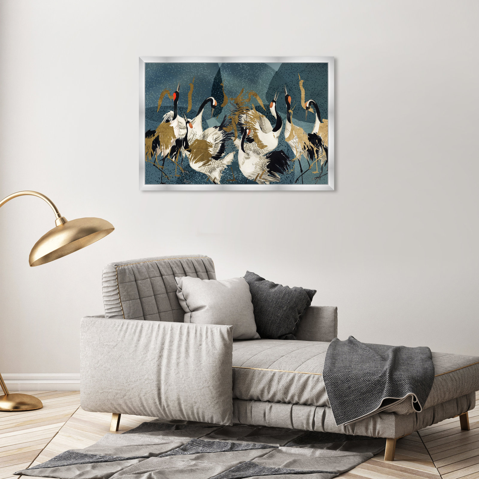 "Crane Love" by Oliver Gal Acrylic Painting Print with Mounting Hardware , 26" H x 38" W, Silver Framed