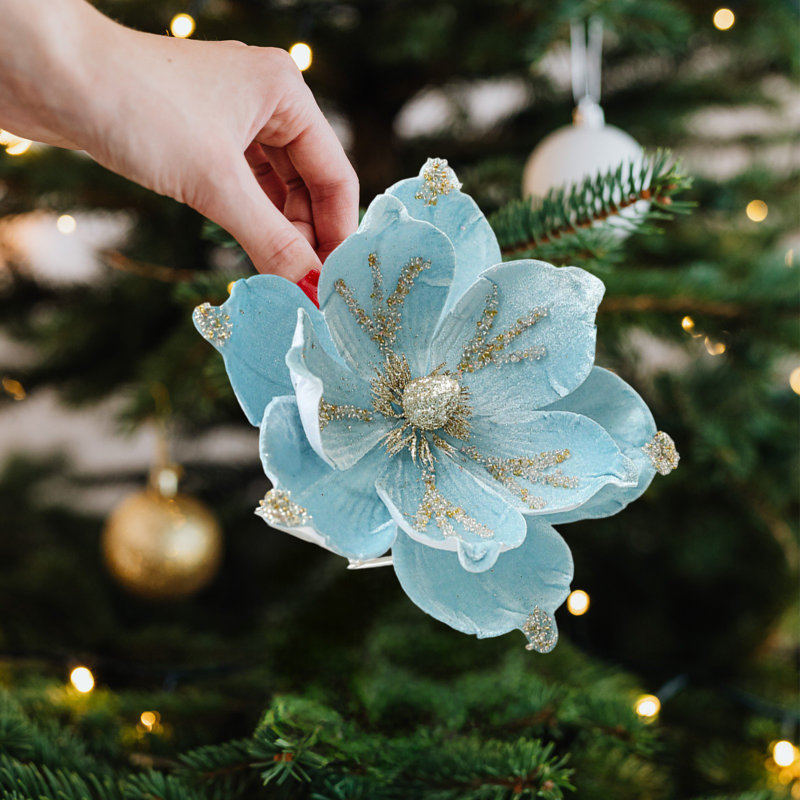 Fleur de Noël 24CM flocage de fleurs de magnolia haut de gamme décoration de Noël fleur de Noël, Bleu