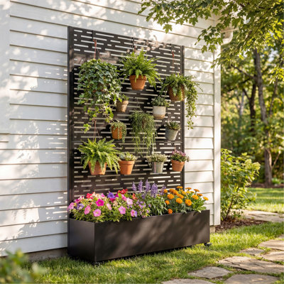 Lit de jardin surélevé en métal avec roues et treillis, jardinière pour plantes grimpantes, légumes et vignes, écran d'intimité et trous de drainage