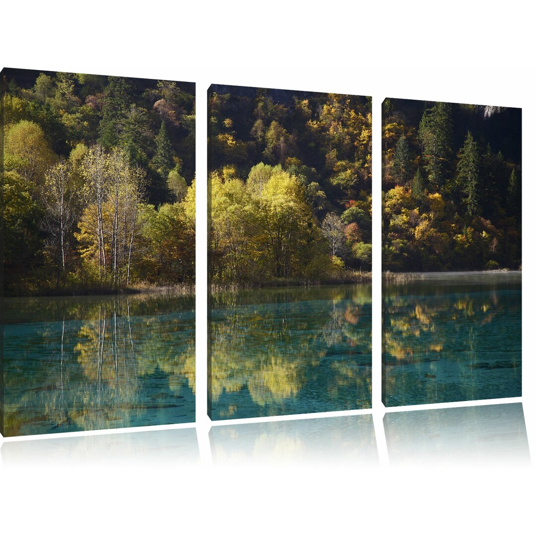 3-tlg. Leinwandbilder-Set „Herbstlicher Wald am See“, Fotodruck