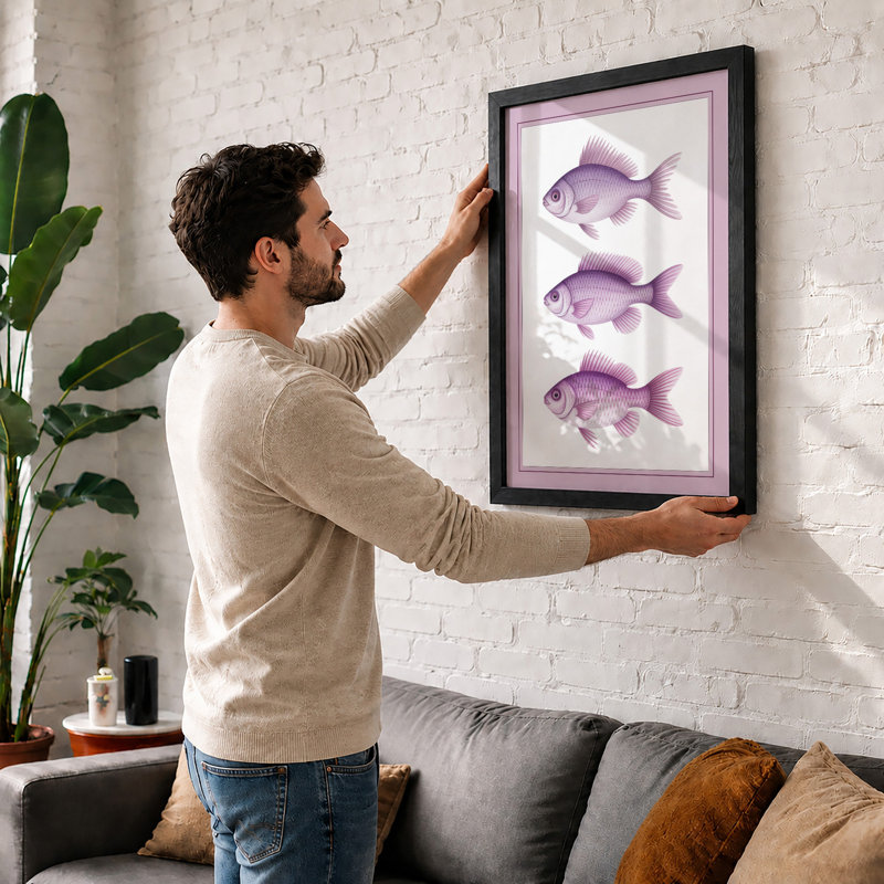 Three Purple Fish Japandi - Framed Print, Oak, A3 - 42.0 x 29.7 cm