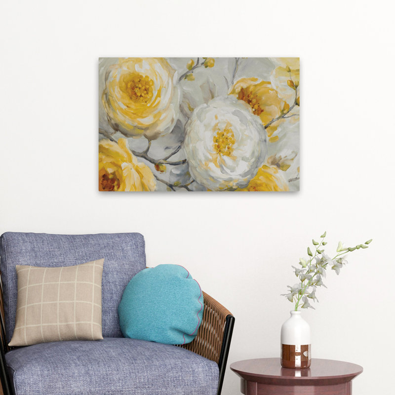 Soleil - branches, fleurs, art gris, H 16 po x l 24 po