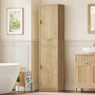 66.9 Inch Tall Narrow Fluted Storage Cabinet with 2 Doors & 1 Full Extension Drawer and Adjustable Inner Shelves, Multipurpose Slim Tall Organizer for Bathroom Kitchen Living Room Entryway, Natural Oak