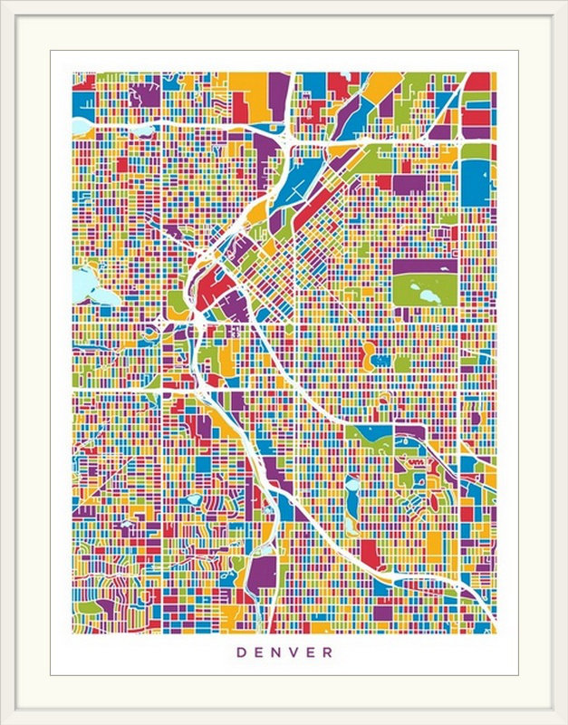 «Denver Colorado Street Map» par Abarca, impression, l 44 po x P 35 po x H 1 po, Cadre blanc