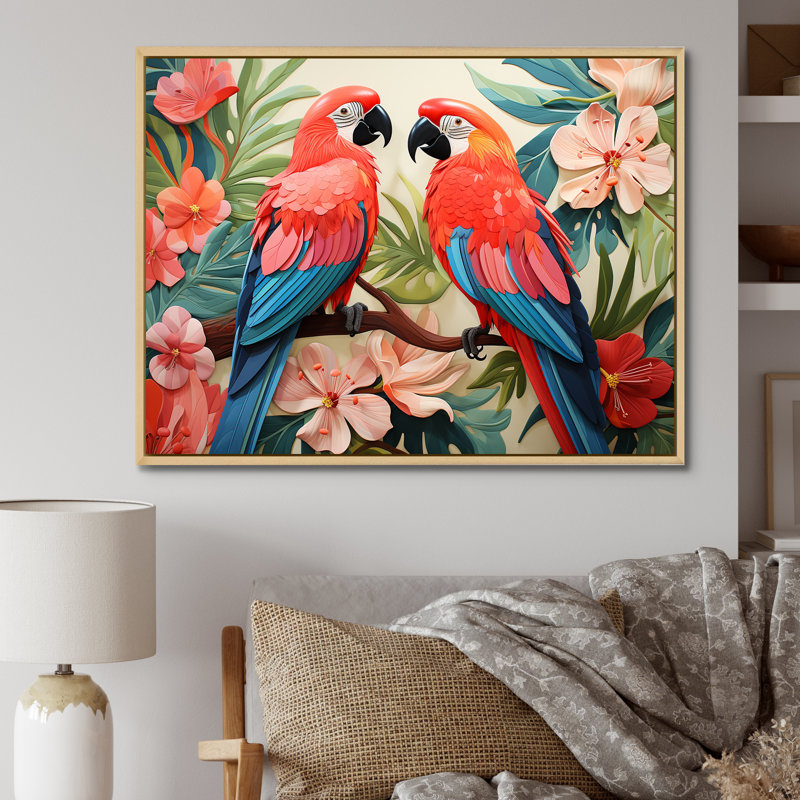 Fleurs tropicales roses et bleues - art mural perroquet, Cadre flottant brun, H 24 po x l 32 po x P 1 po
