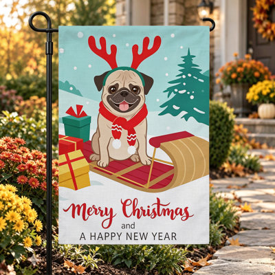 Drapeau de jardin de bienvenue pour Noël, double face, 30 x 45 cm, motif carlin rouge et beige.