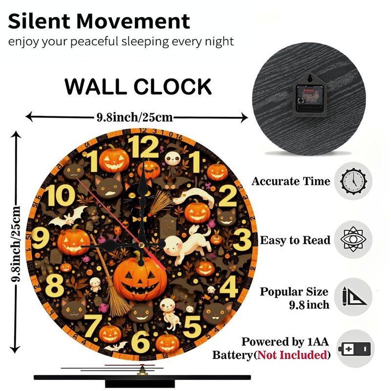 Horloge d'Halloween chats, citrouilles, chauves-souris