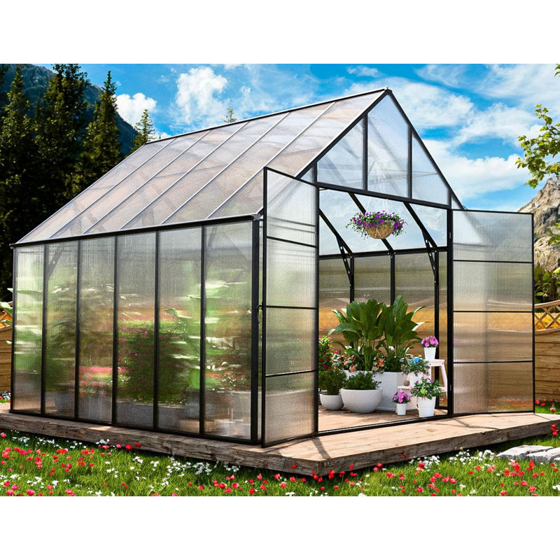 12X10 FT Walk-In Polycarbonate Greenhouse With Aluminum Frame, Lockable Door & Ventilation Window, Green House For Outdoors 