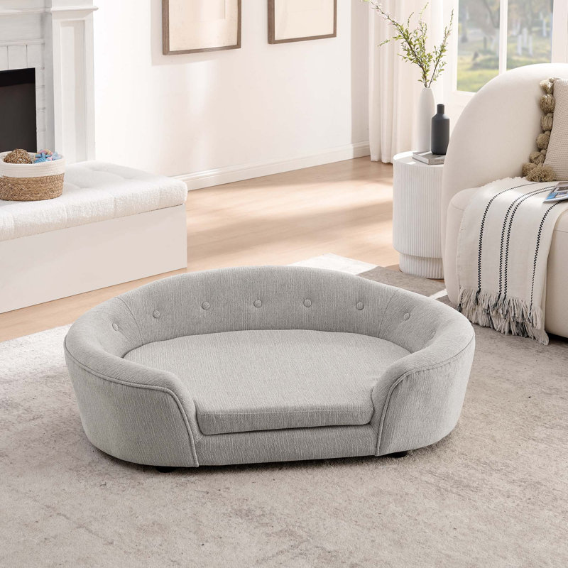 Canapé pour chien surdimensionné ovale semi-fermé surdimensionné surdimensionné - Matériau en lin durable, dossier capitonné, support haut-bas à centre haut et confort moelleux - beige