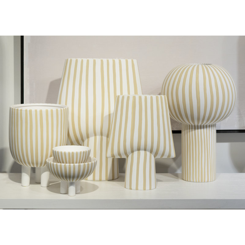 White and Taupe Striped Ceramic Cylinder Table Vase