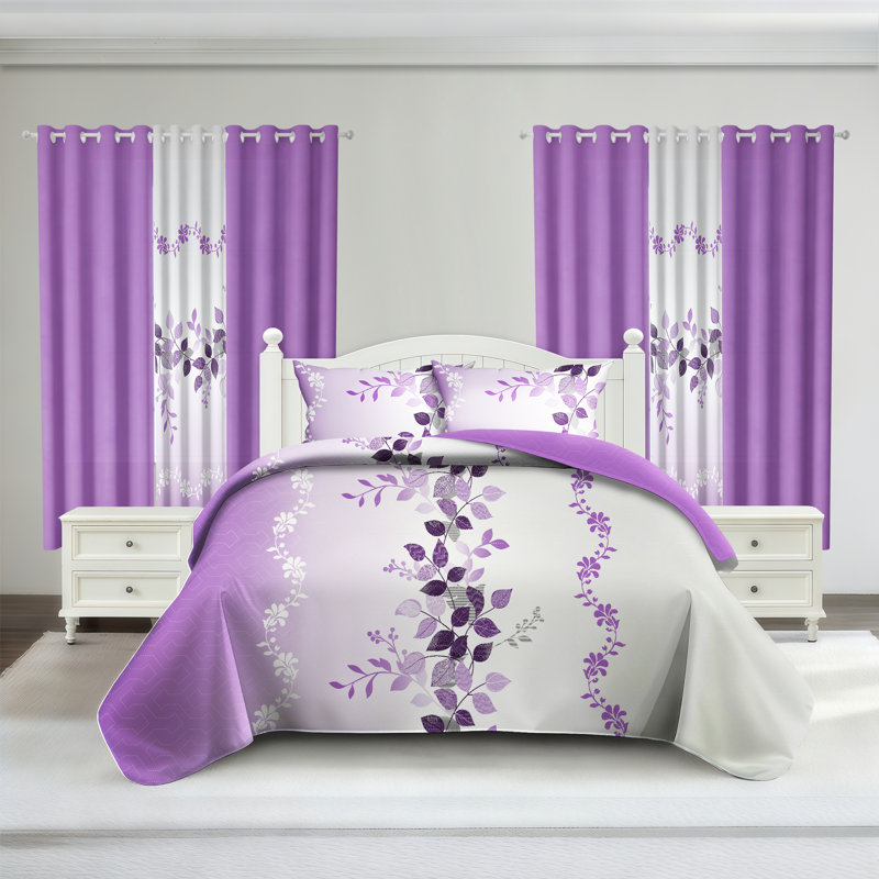 Queen Size 9-Piece Lavender Leaf Bedding & Curtain Set (Queen/King/Cal King) - Quilted Microfiber Bedspread + Sheer Drapes
