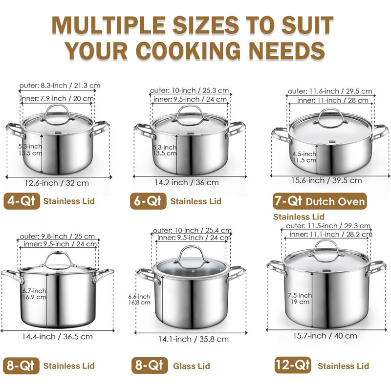 Marmite en acier inoxydable multi-plis standard de Cooks, marmite de 12 pintes avec couvercle, grande marmite à induction