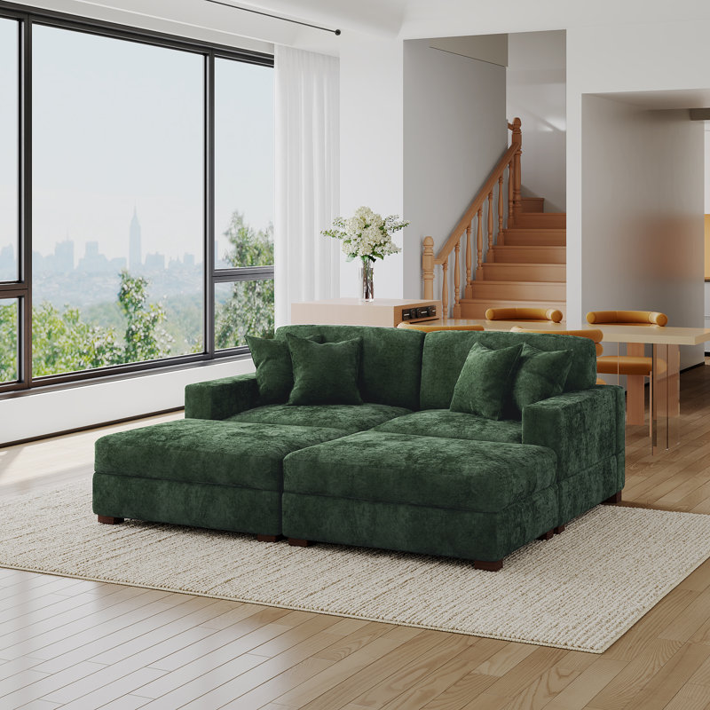4 - Piece Upholstered Green Chenille Modular Sectional Sofa with Throw Pillows & Removable Ottomans, Green Chenille