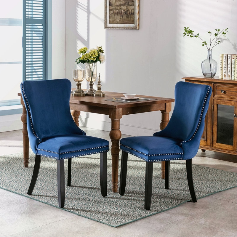 Furniture, chaise rembourrée à oreilles avec garniture cloutée et pieds en bois massif, ensemble de 2, Bleu / Noir