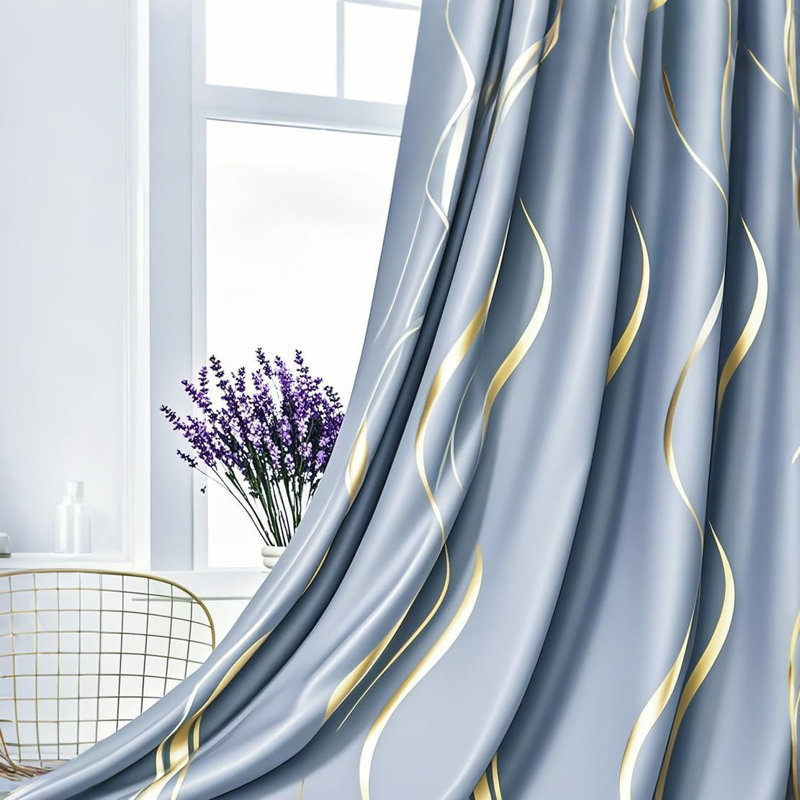 Blackout Curtain Pair, Bluish Grey/Gold