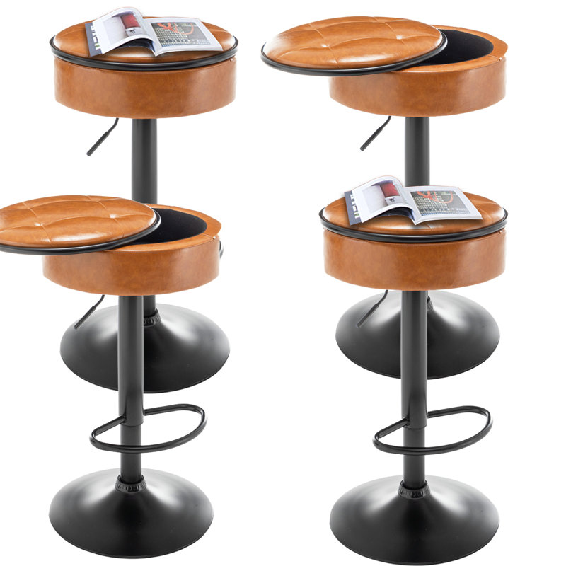 Tabouret de bar rond et pivotant réglable en cuir (ensemble de 4), Orange