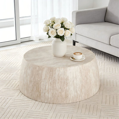 Table basse cylindrique de 34,65 po en bois aggloméré de haute qualité de couleur naturelle, table basse industrielle moderne entièrement assemblée, idéale pour la maison et la cuisine