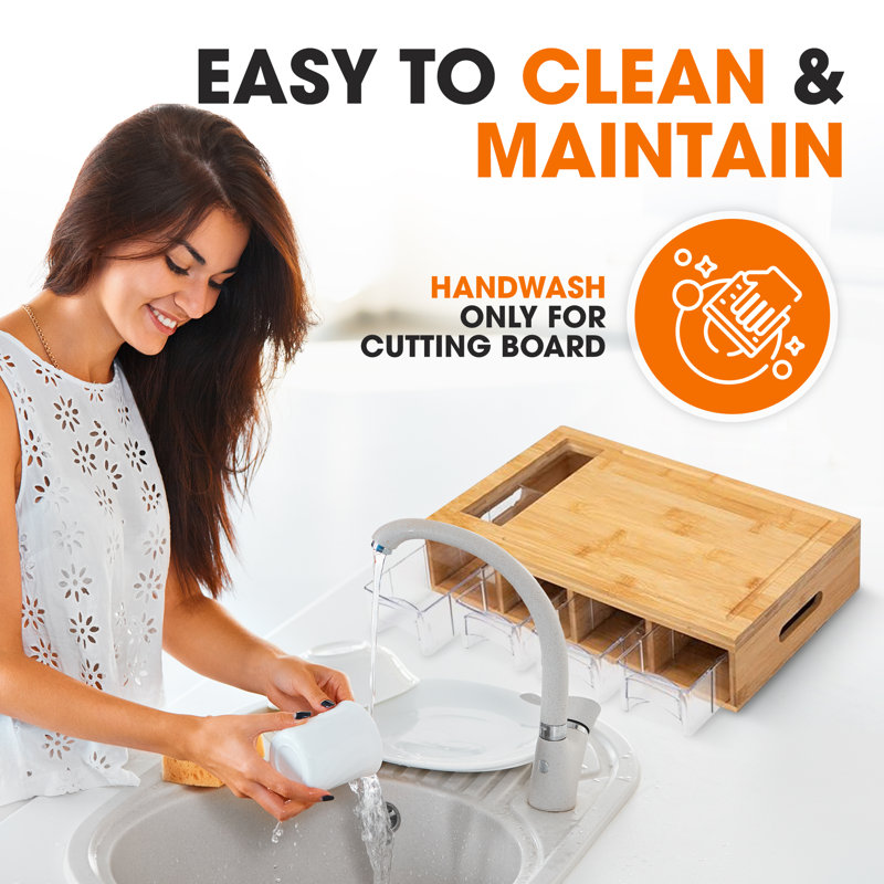 Bamboo Cutting Board with Clear Plastic Storage Trays