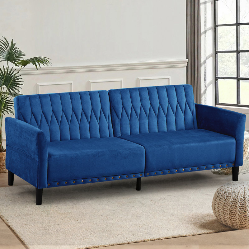 Wallasse 78'' Velvet Reclining Sleeper Sofa, Blue