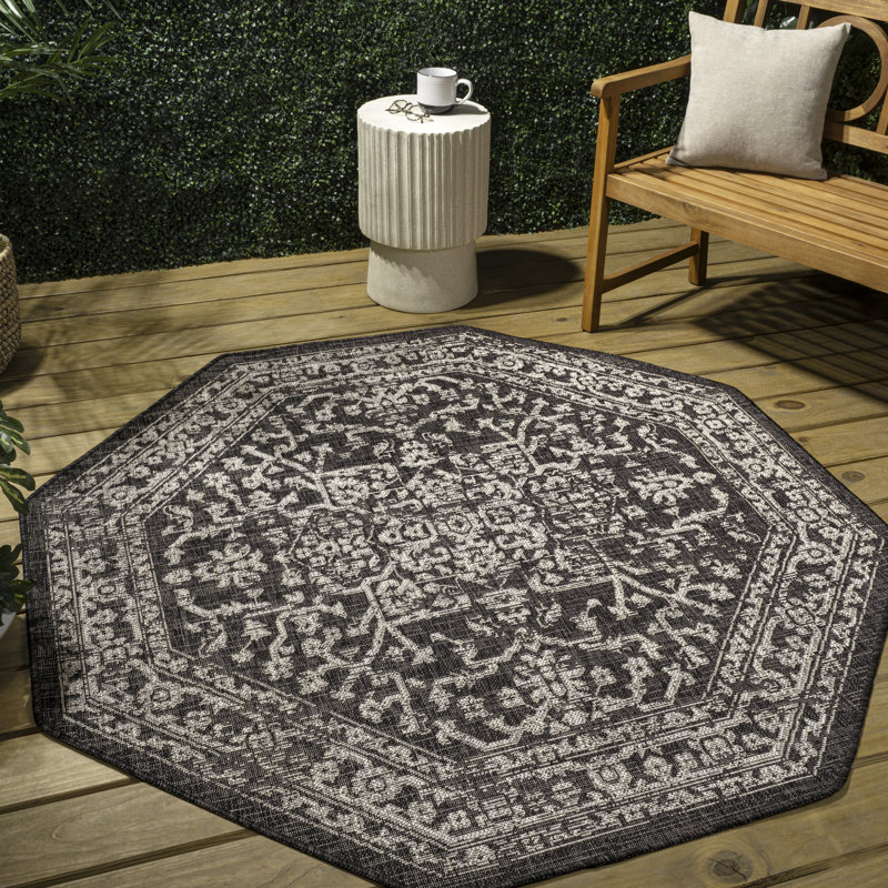 Massimo Bohemian Medallion Textured Weave Black/Gray Indoor/Outdoor Rug, Octagon 5'3"