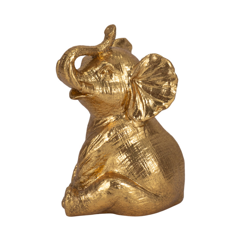 Figurine résine polyrésine assise éléphant avec surface métallique décorative Boho chic fantaisiste artistique exotique ludique complexe sculpté texturé tendance éclectique contemporain