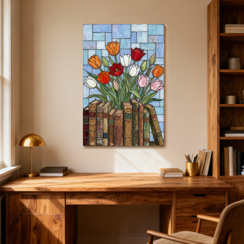 Plantes et fleurs, tulipes dans des livres, vitrail, H 30 po x l 20 po