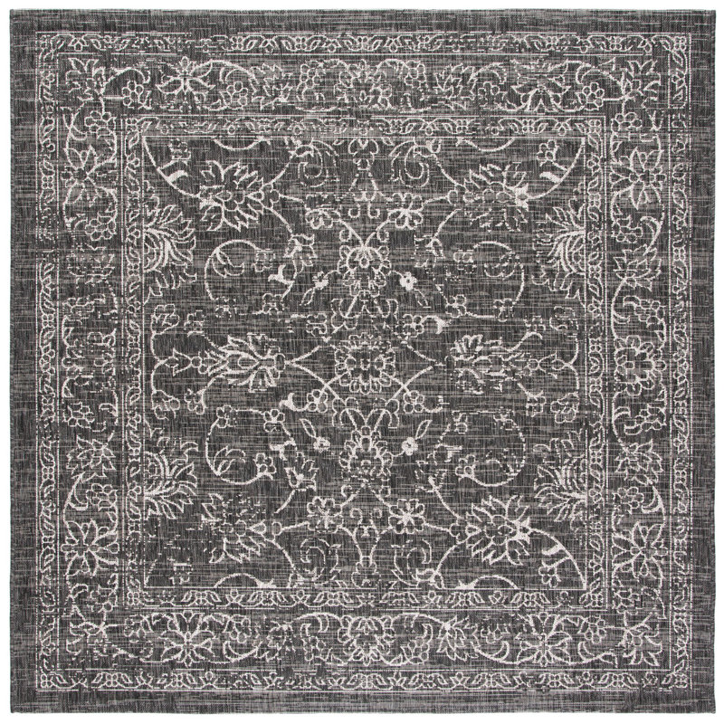 Amedee Performance Floral Indoor/Outdoor Area Rug, Square 6'7", Black/Ivory