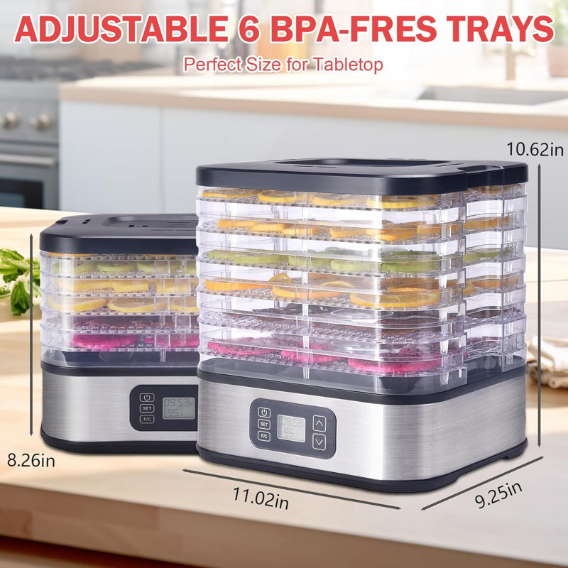 6-Tray Stainless Steel Food Dehydrator with Adjustable Timer and Thermostat